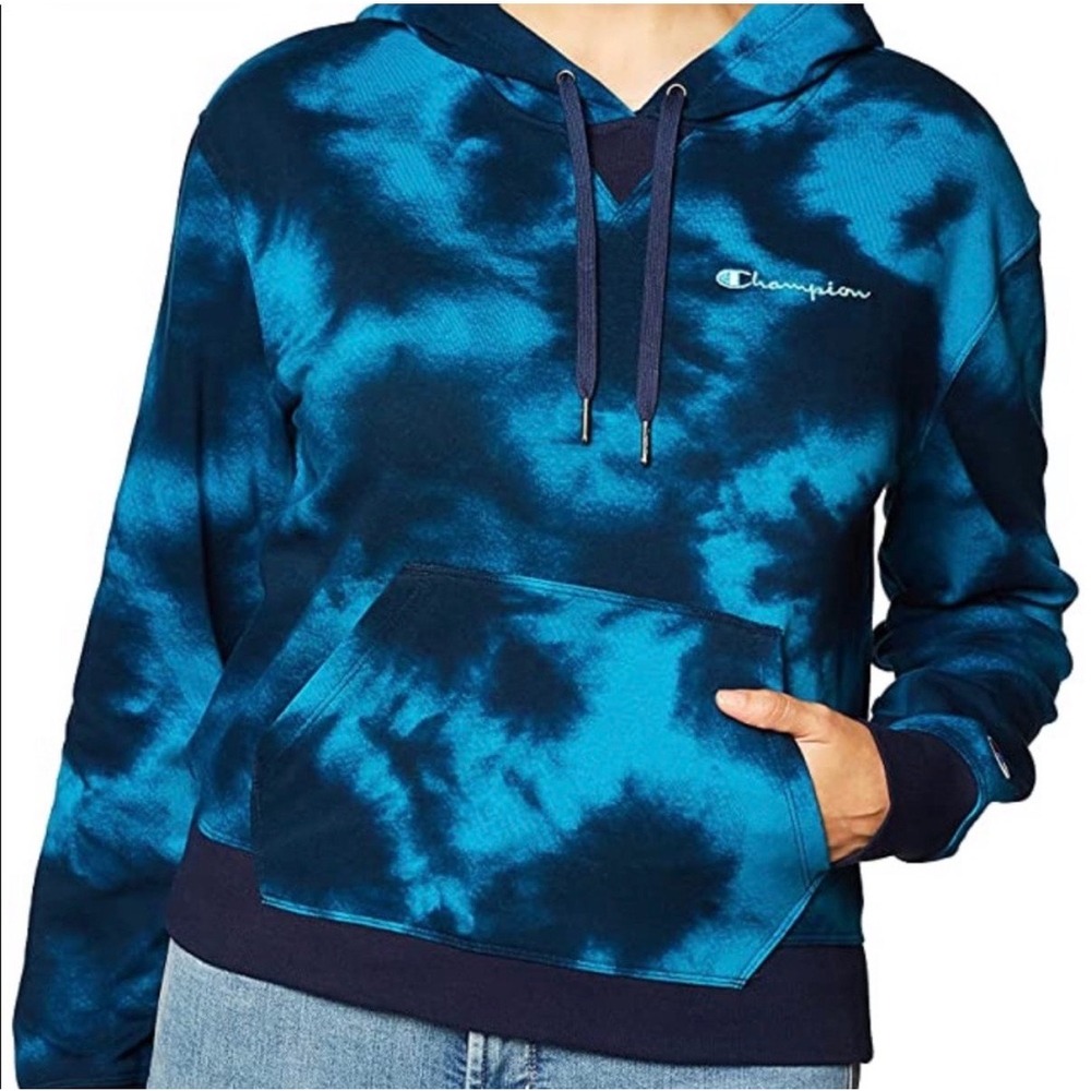 Champion Powerblend‎ Blue Tie Dye Hoodie Womens Pullover Sweatshirt Navy Logo